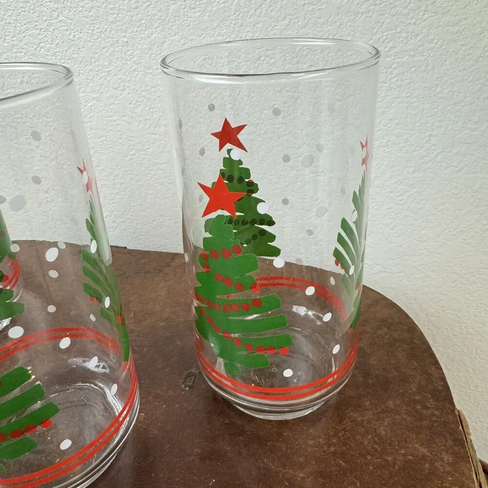 3 VINTAGE Libbey Christmas Drinking Glass Tumblers 5.5” Tall CHRISTMAS TREE